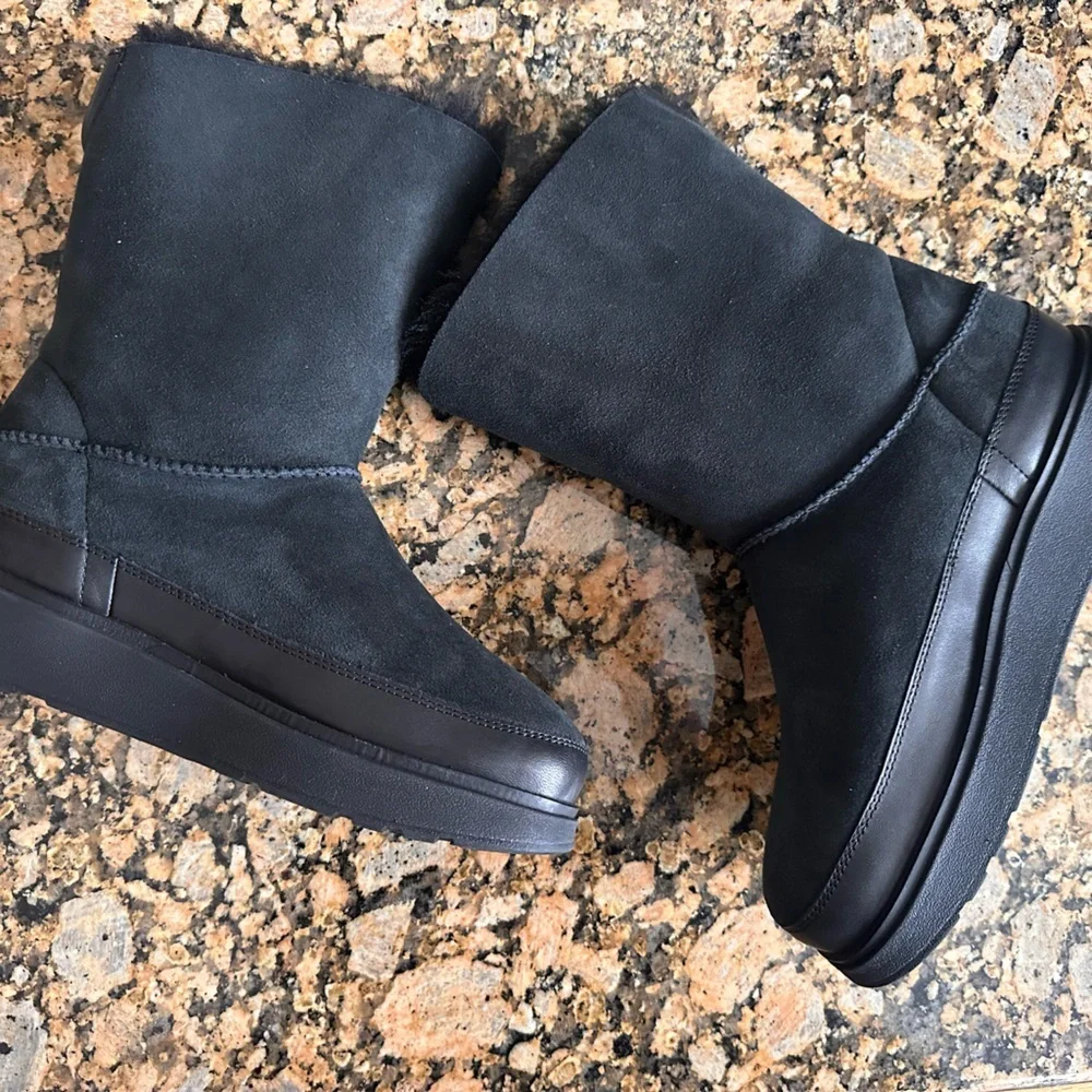 NEW FITFLOP women's gen-ff mini double-faced shearling boots in all black